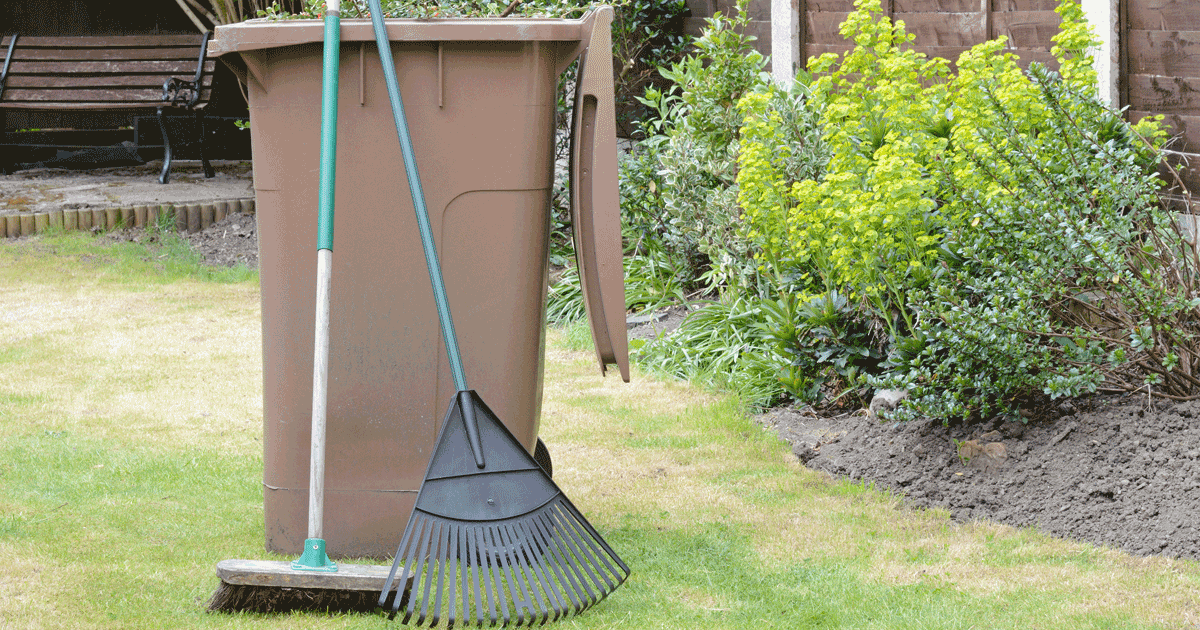 Garden Waste bin and rake