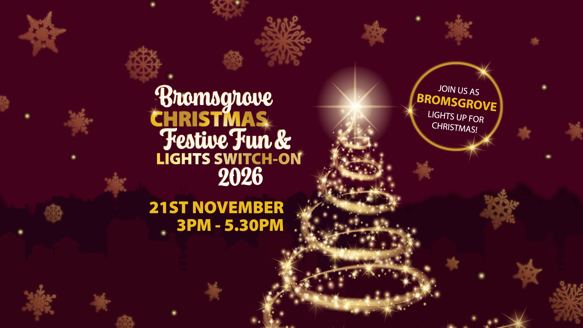 Graphic of a Christmas tree made from lights and stars with wording information for light switch on event