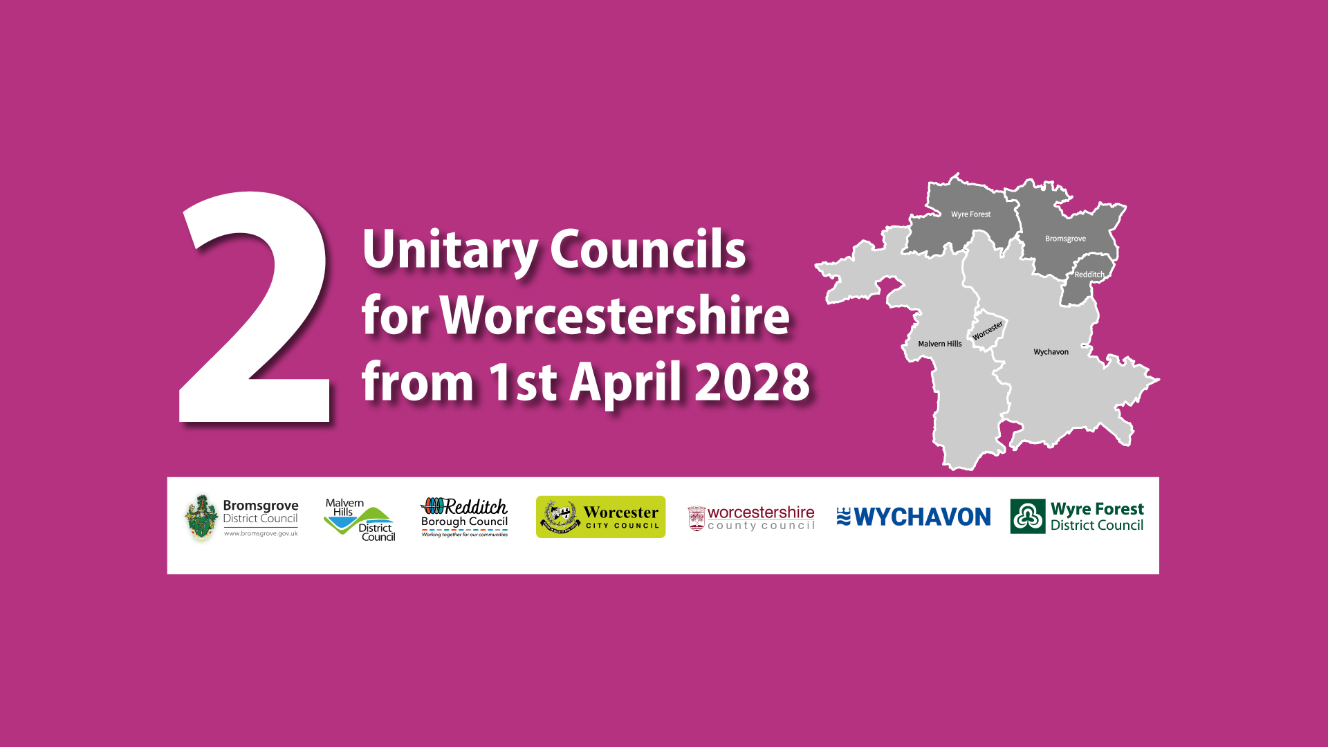 LGR Decision Day Graphic showing Worcestershire county outline as 2 unitary split