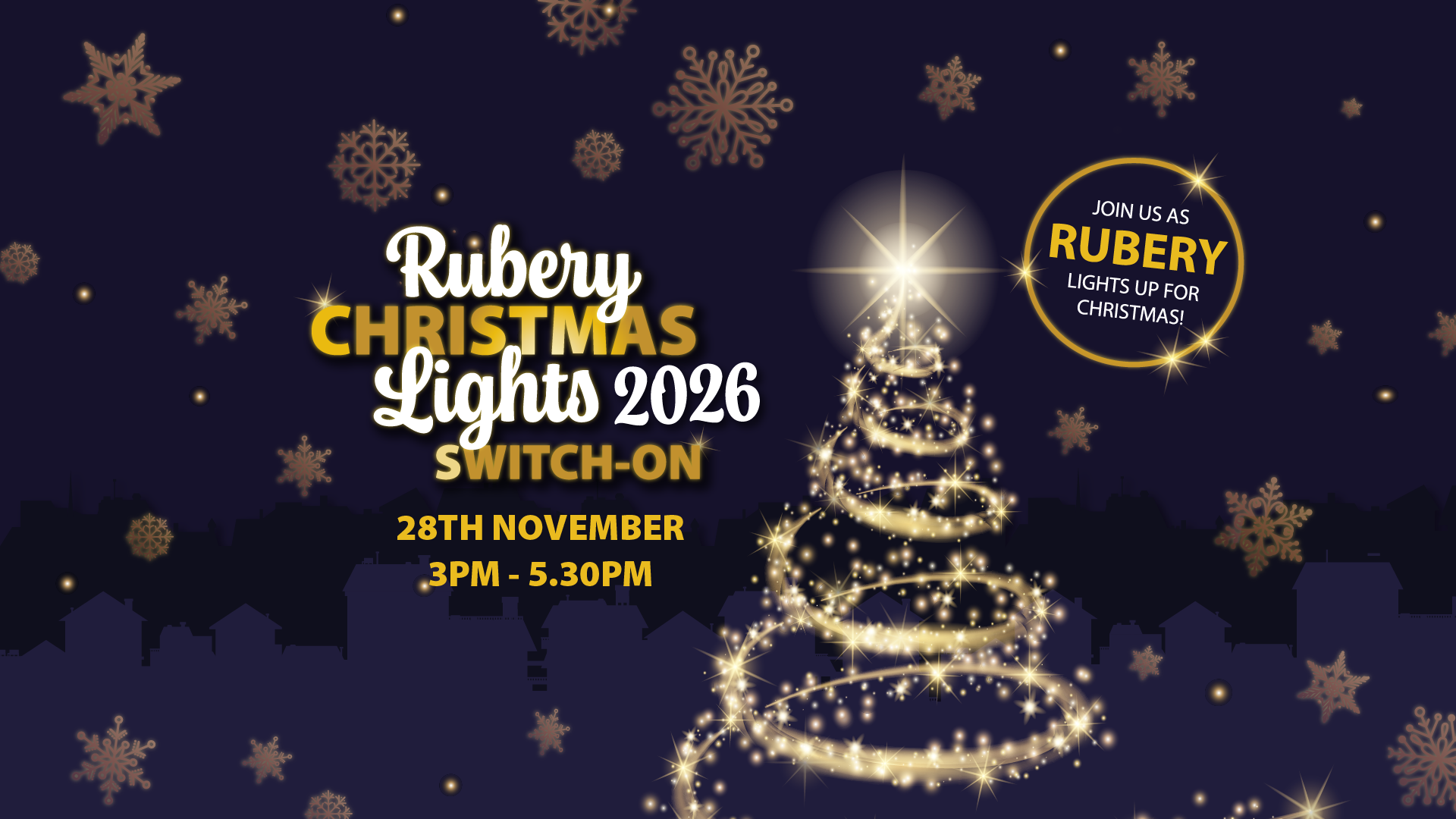 Graphic of a Christmas tree made from lights and stars with wording information for light switch on event